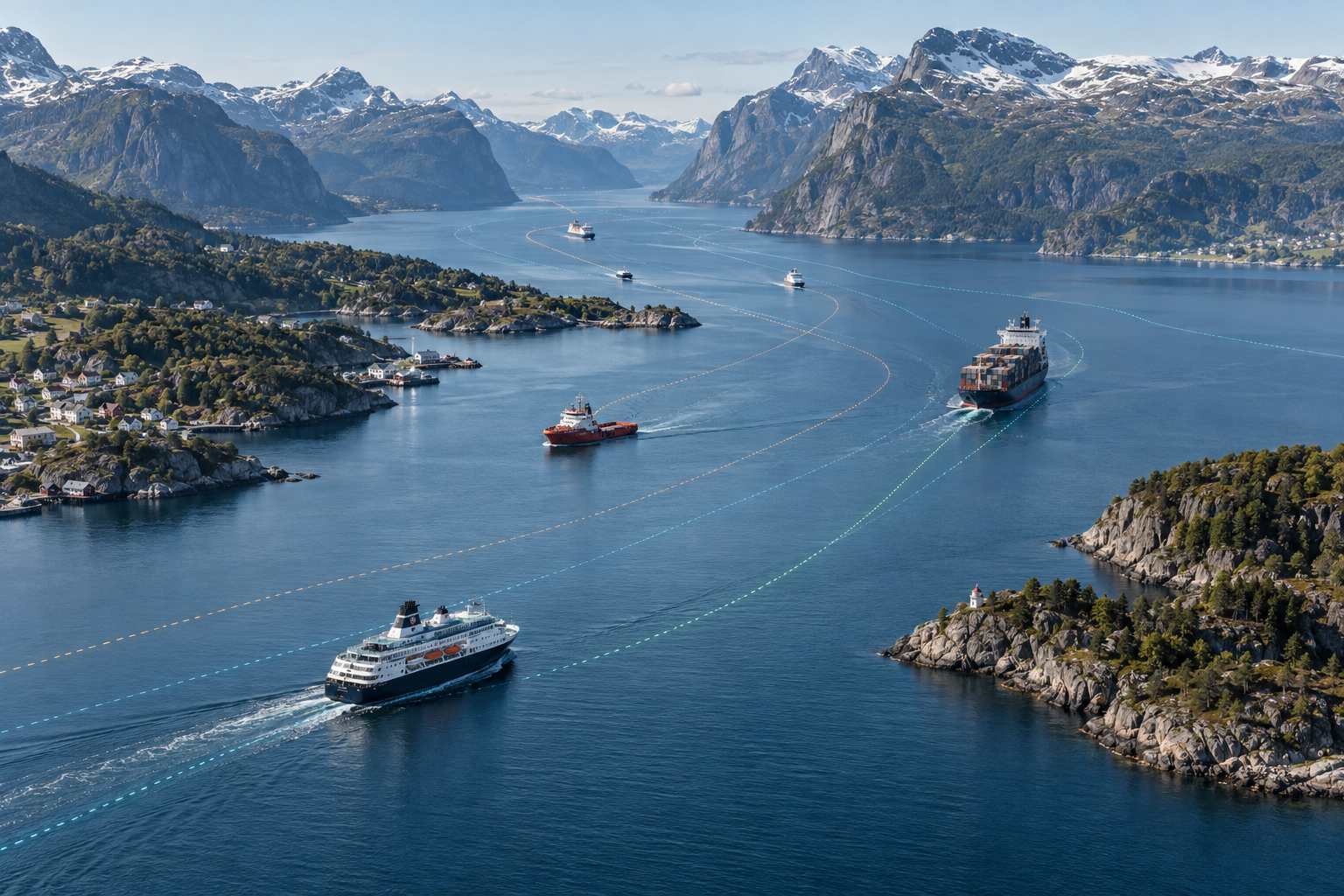 Illustrasjon av skip og AIS-spor i en norsk fjord