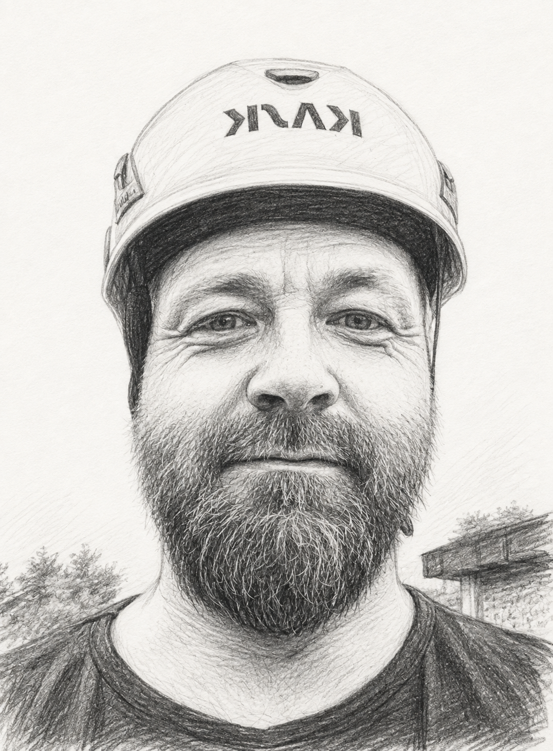 Blyanttegnet portrett av Bengt-Arne Jørgensen med arbeidshjelm