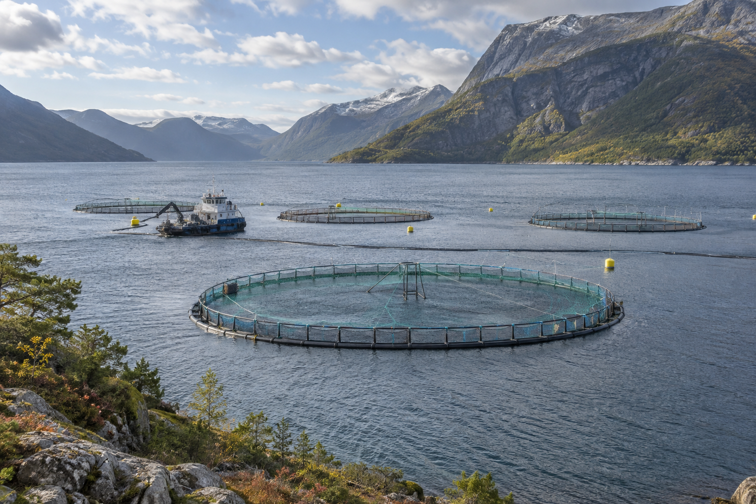 Illustrasjon av et norsk oppdrettsanlegg i en fjord