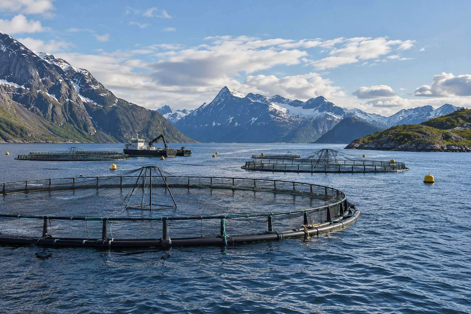 Illustrasjon av oppdrettsanlegg og servicefartøy i en nordnorsk fjord