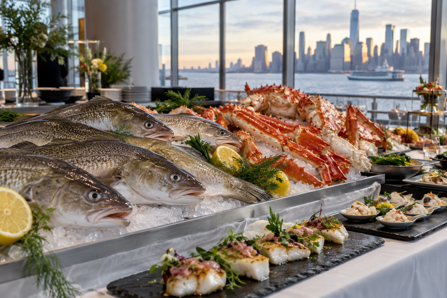 Illustrasjon av norsk hvitfisk og krabbe ved New Yorks havnefront
