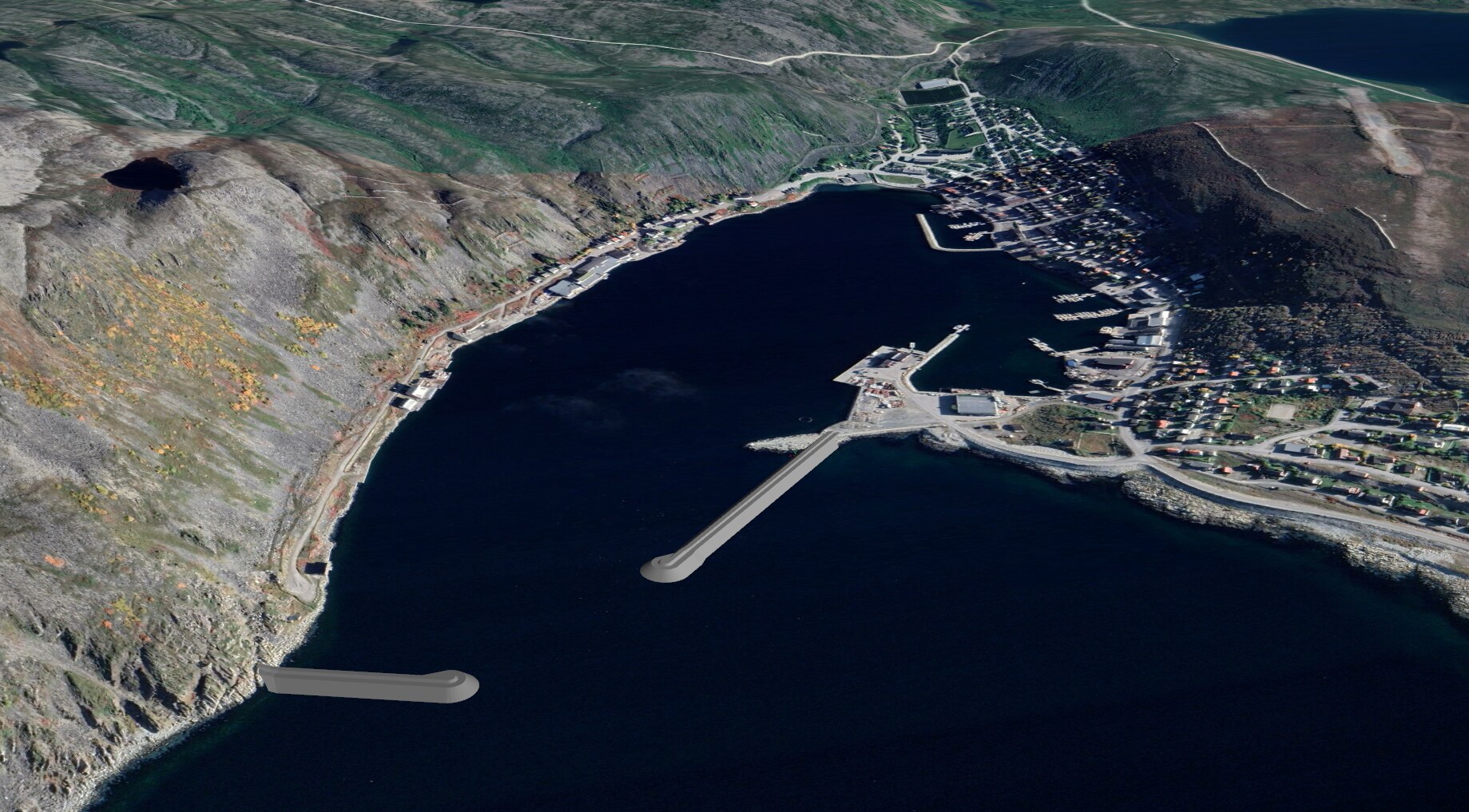 3D-illustrasjon av de nye moloene i Kjøllefjord fiskerihavn