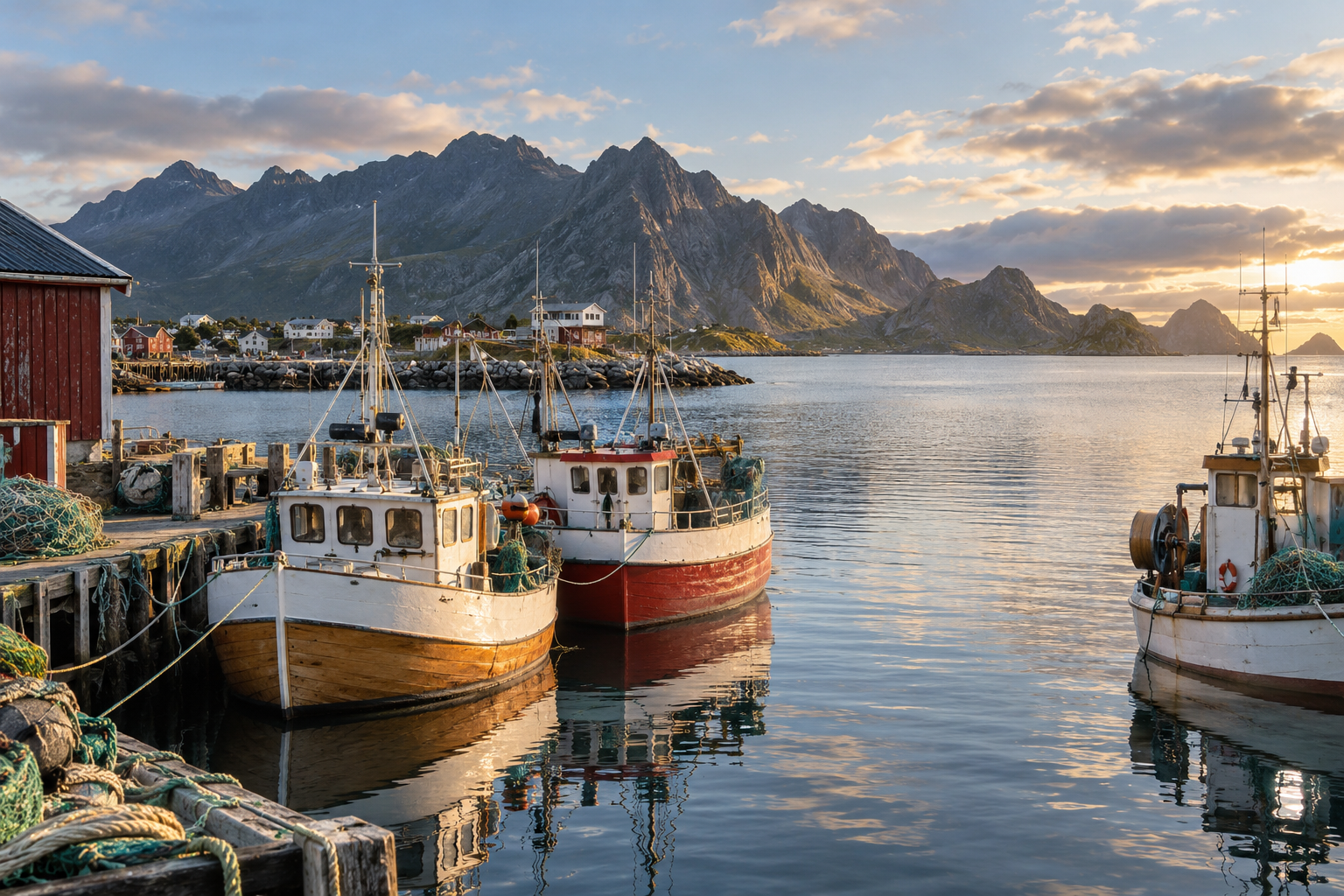 Illustrasjon av kystfiskebåter i en nordnorsk havn.