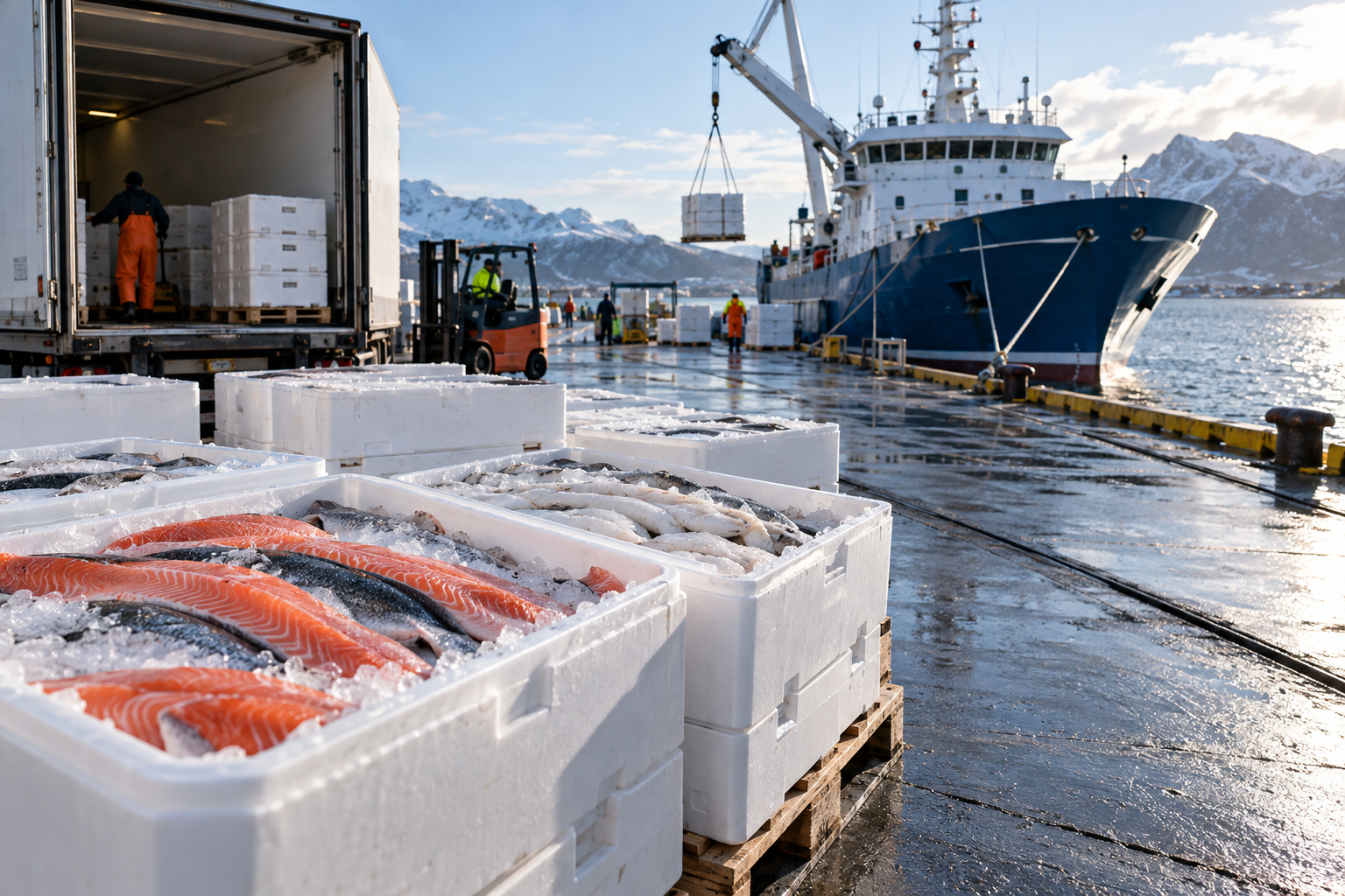 Illustrasjon av norsk sjømat som lastes ved en kysthavn