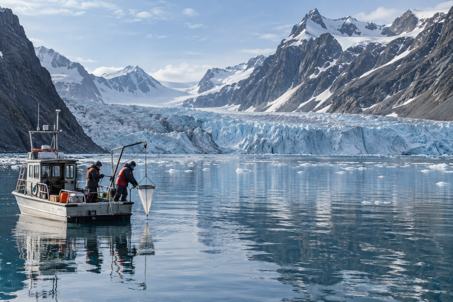 Illustrasjon av forskningsfartøy i en brefjord på Svalbard