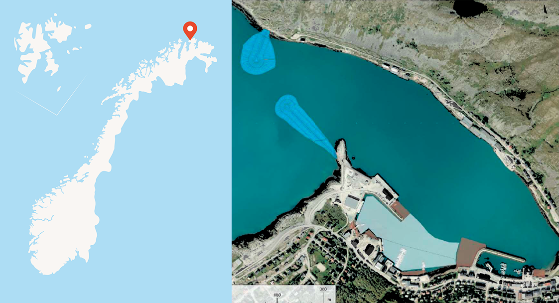 Oversiktskart med planlagte moloer, utdyping og utfylling i Kjøllefjord fiskerihavn.