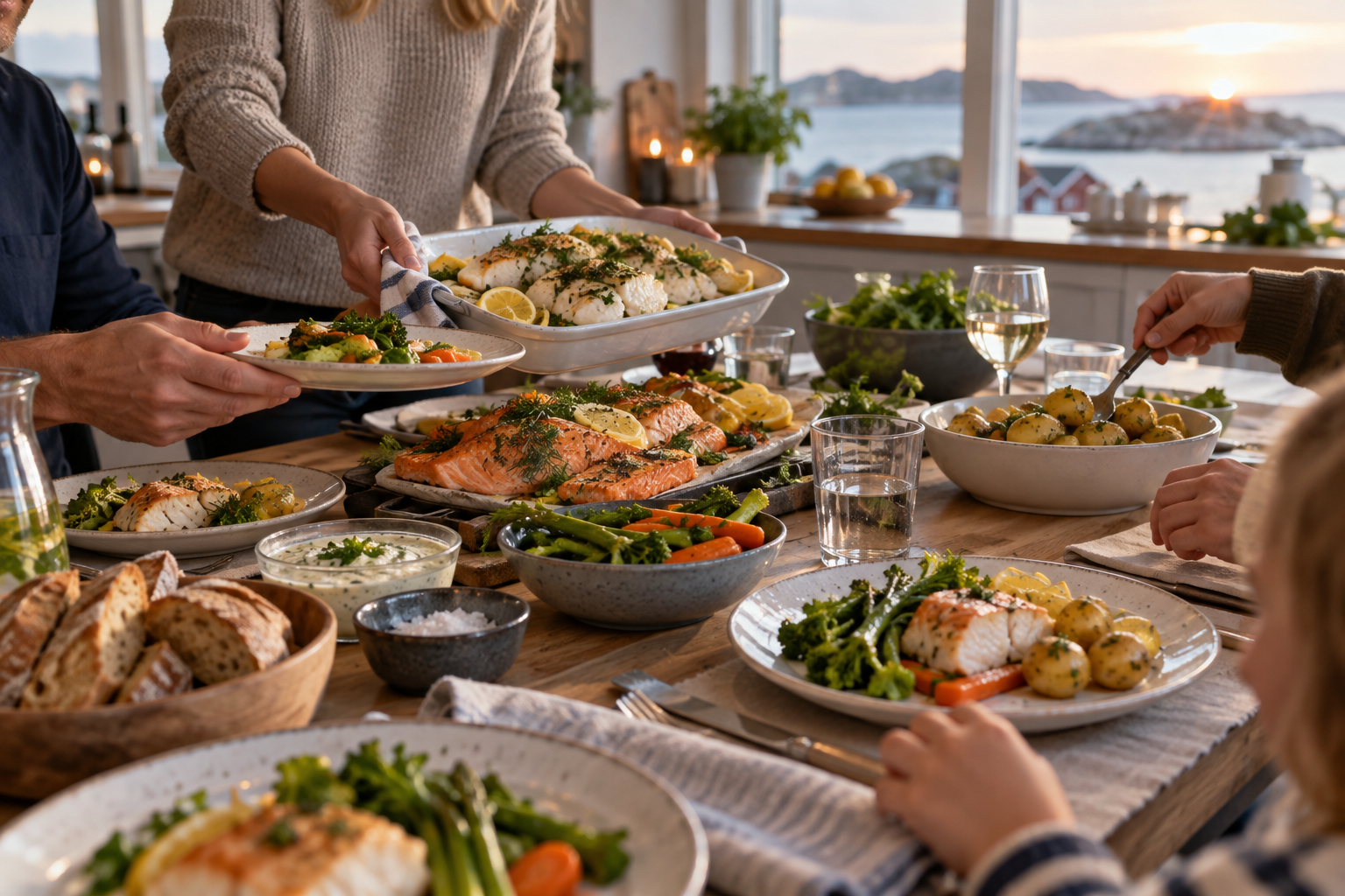 Illustrasjon av en familie som deler fisk, grønnsaker og poteter ved et norsk middagsbord